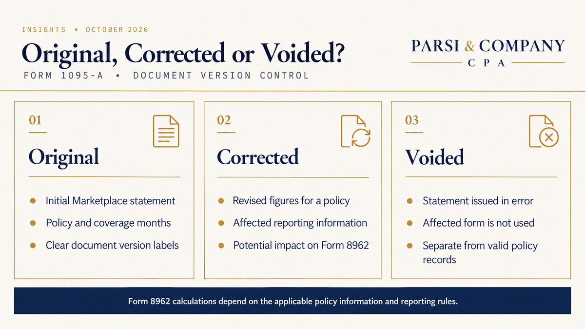 Marketplace statement versions identified by policy, coverage months and original, corrected or voided status.